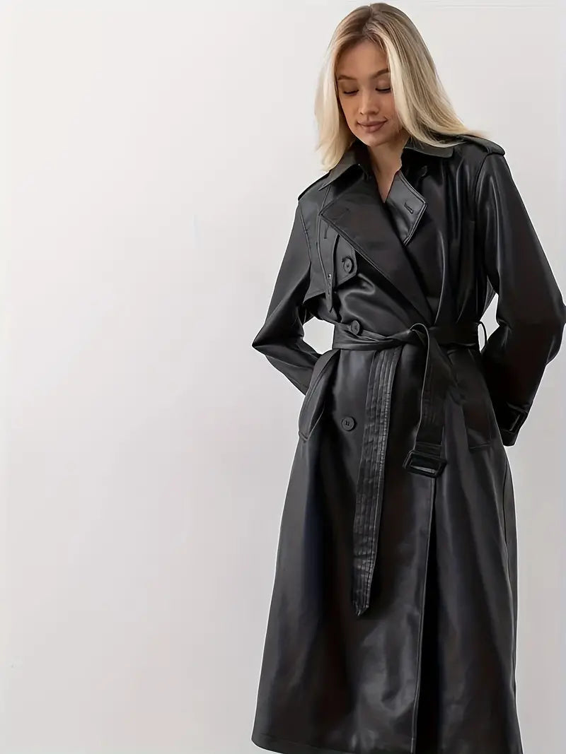 Valerie | Women's Elegant Long Belted Faux Leather Trench Coat