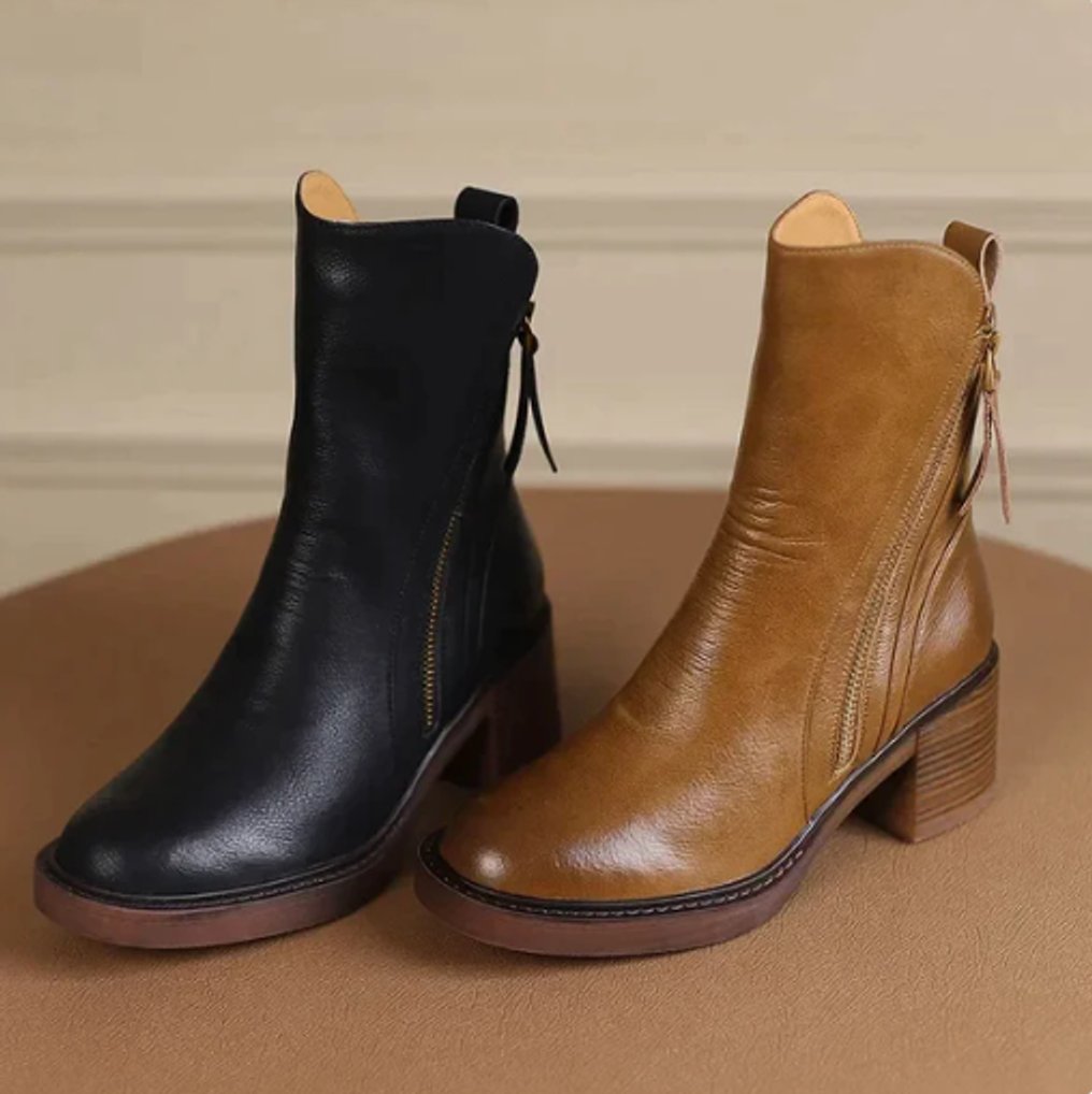 Velmira | Women's Chic Block-Heel Side-Zip Leather Ankle Boots