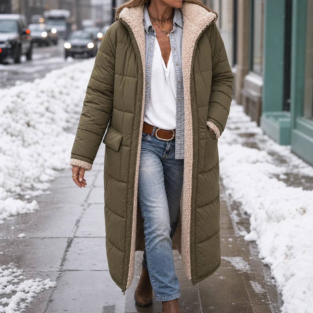 Revera | Reversible Hooded Longline Puffer Coat – Elegant Style for Women