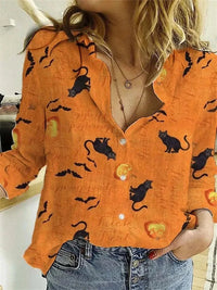 Marissa | Pumpkin-Orange Cat-Print Halloween Blouse