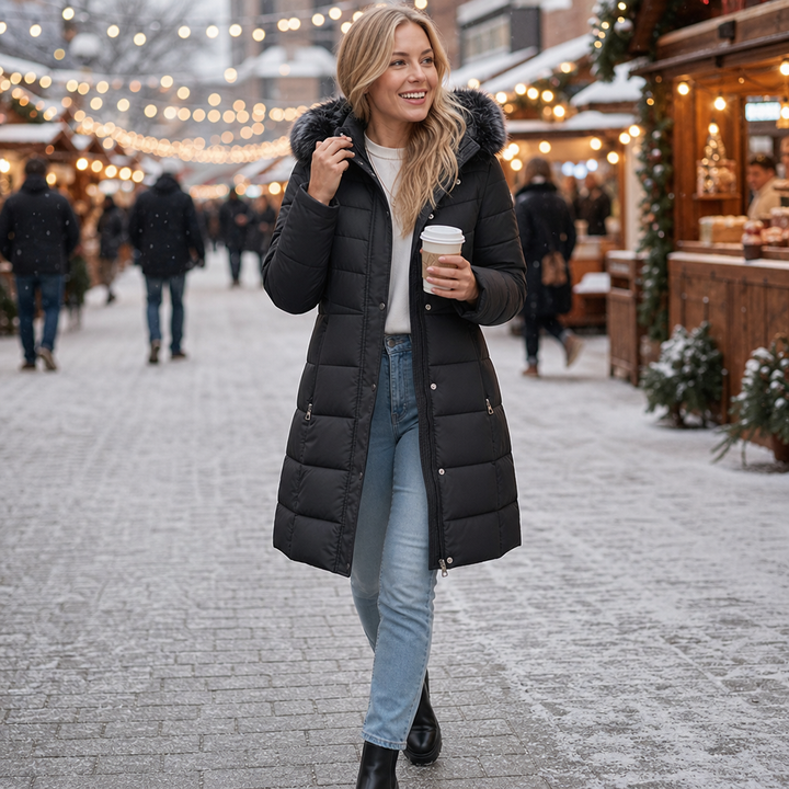 Chevronwarm | Longline Puffer Coat with Faux Fur Hood