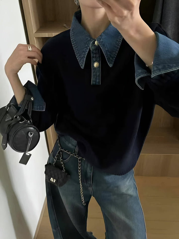 Camille | Maglione polo in maglia con colletto in denim