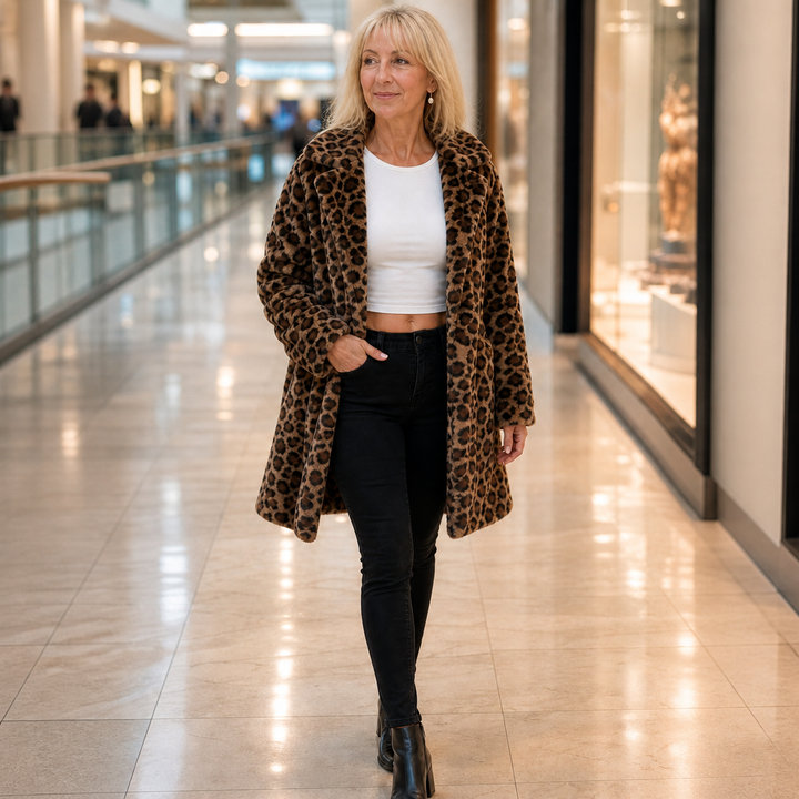 Lina | Leopard Print Faux Fur Coat – Stylish Open Front for Women
