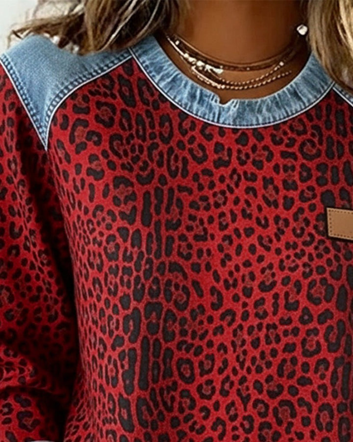 Liora | Leopard Print Denim Patchwork Pullover