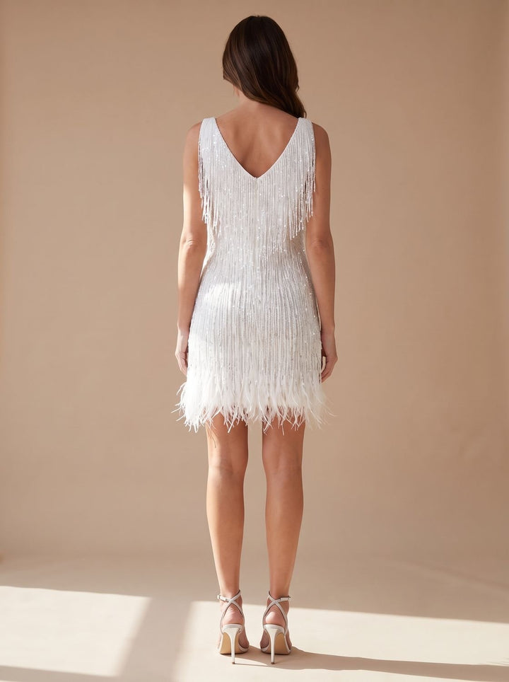 Luna | Sequin Fringe Mini Dress – Elegant V-Neck Style for Women