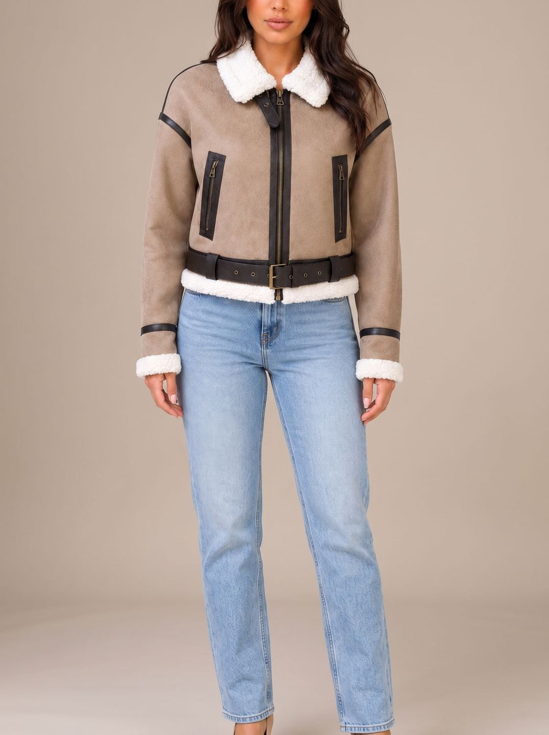 Marlene | Aviator Jacket with Faux Fur Trim and Belt