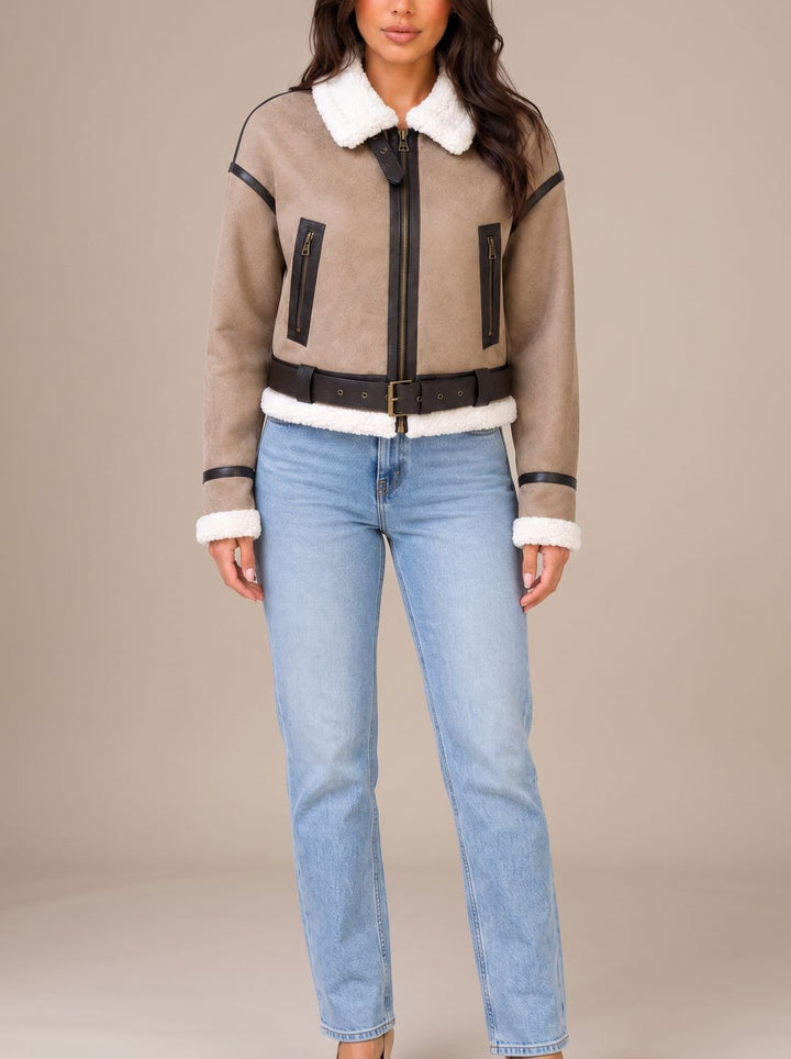 Marlene | Aviator Jacket with Faux Fur Trim and Belt