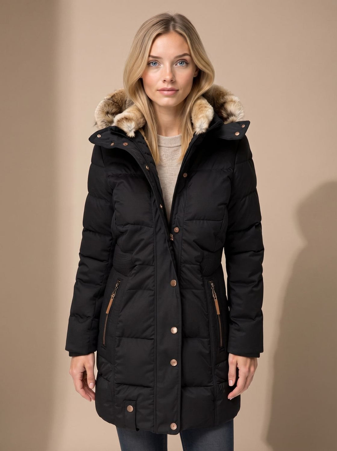 Calia | Longline Quilted Puffer Coat with Faux Fur Hood