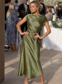 Amelie | Boat-Neck Draped-Waist Midi Dress