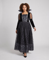 Evelina | Skull-Lace Sheer-Sleeve Gothic Dress For Halloween