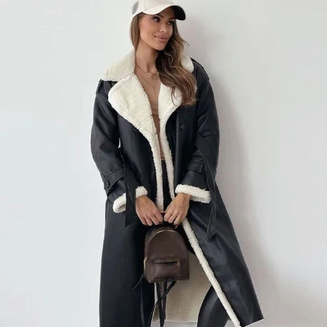 Elara | Long Winter Coat – Double-Breasted Faux Leather with Sherpa Lining
