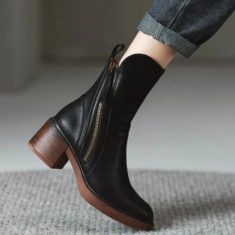 Elara | Leather Block-Heel Side-Zip Ankle Boots - Image 2