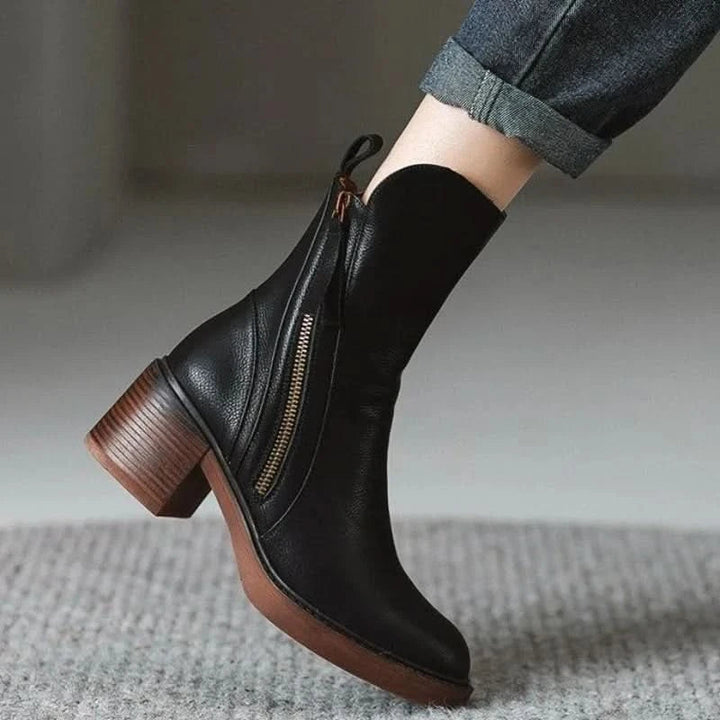 Elara | Leather Block-Heel Side-Zip Ankle Boots - Image 2