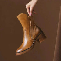 Elara | Leather Block-Heel Side-Zip Ankle Boots