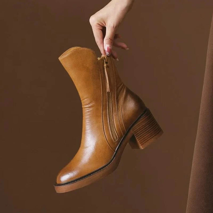 Elara | Leather Block-Heel Side-Zip Ankle Boots