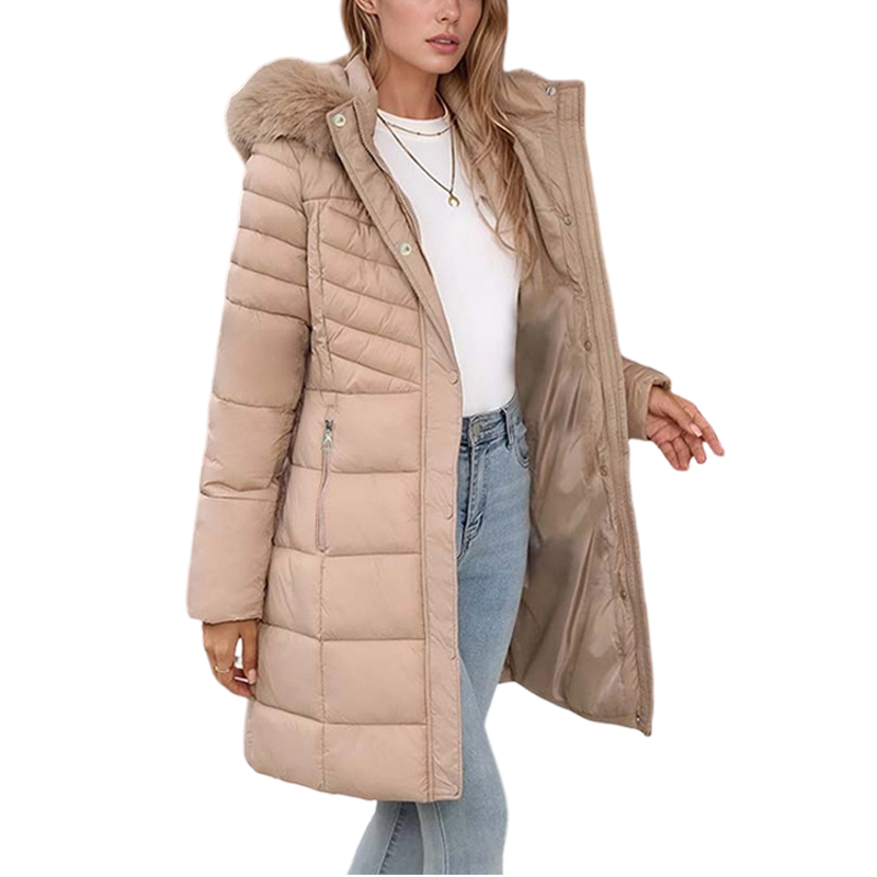 Chevronwarm | Longline Puffer Coat with Faux Fur Hood