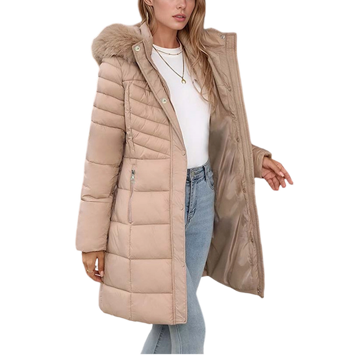 Chevronwarm | Longline Puffer Coat with Faux Fur Hood