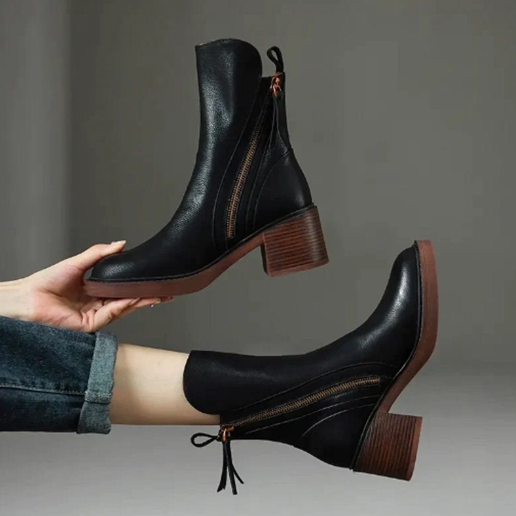 Velmira | Women's Chic Block-Heel Side-Zip Leather Ankle Boots