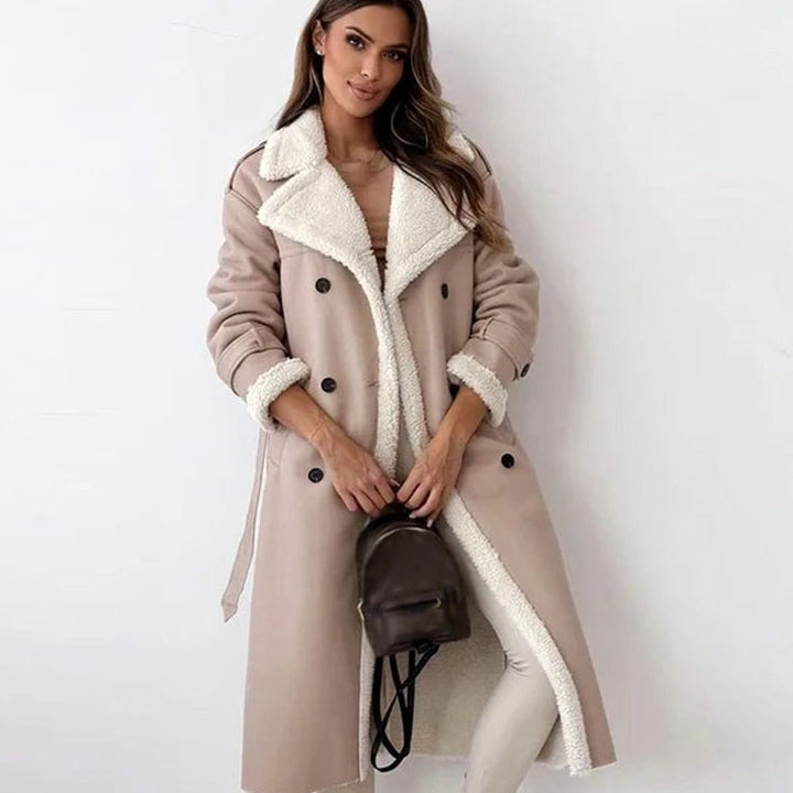 Elara | Long Winter Coat – Double-Breasted Faux Leather with Sherpa Lining