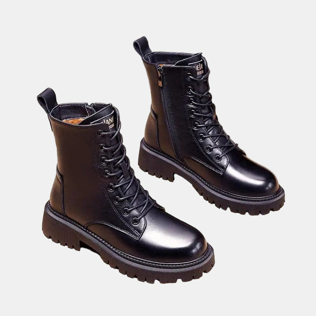 Yuela | Women's Faux Leather Fleece-Lined Combat Ankle Boots