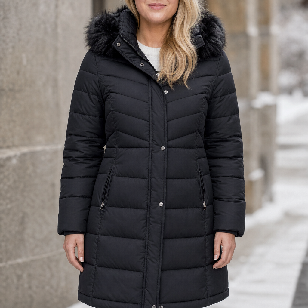 Chevronwarm | Longline Puffer Coat with Faux Fur Hood