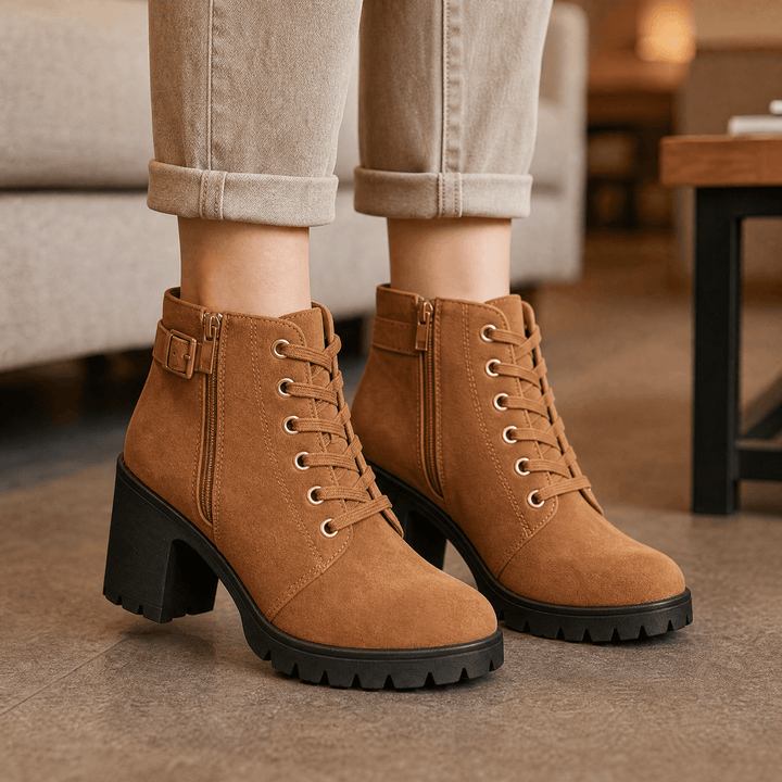 Strovia | Chunky Heel Ankle Boots with Fur Lining