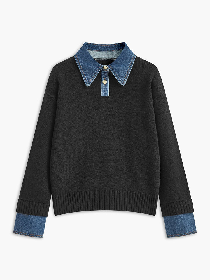 Camille | Maglione polo in maglia con colletto in denim