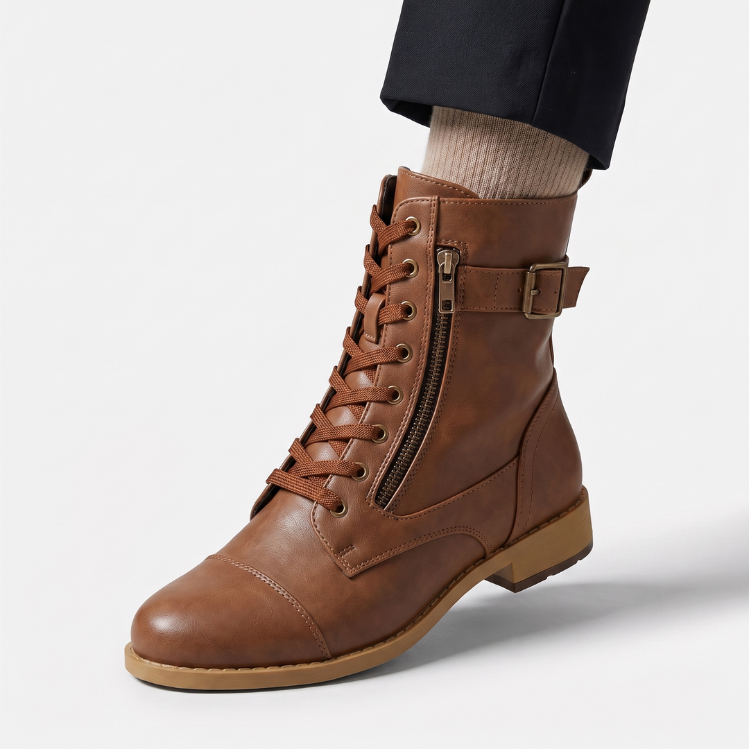 Brielle | Leather Lace-Up Buckle-Strap Side-Zip Boots - Image 4