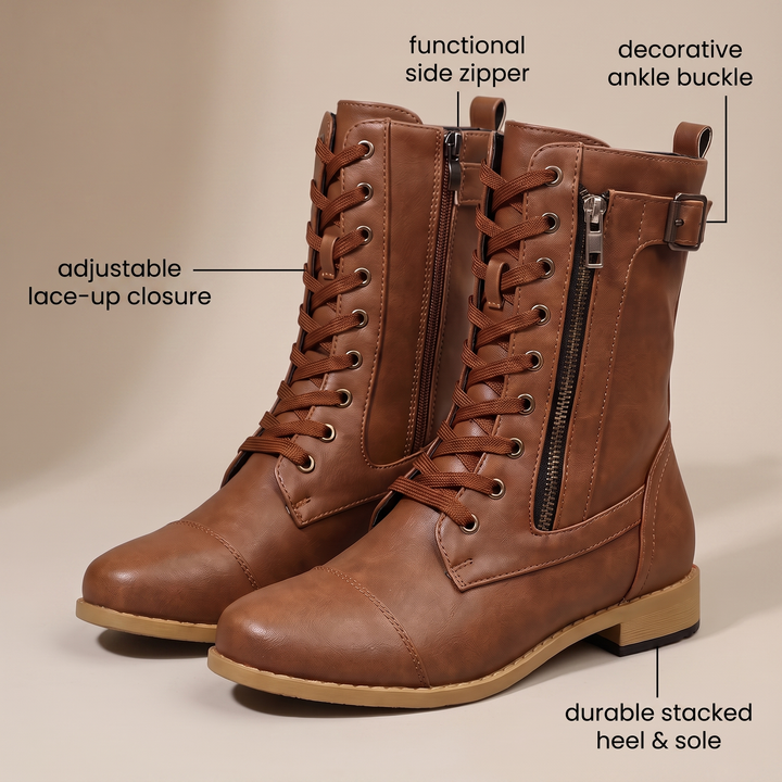 Brielle | Leather Lace-Up Buckle-Strap Side-Zip Boots - Image 5