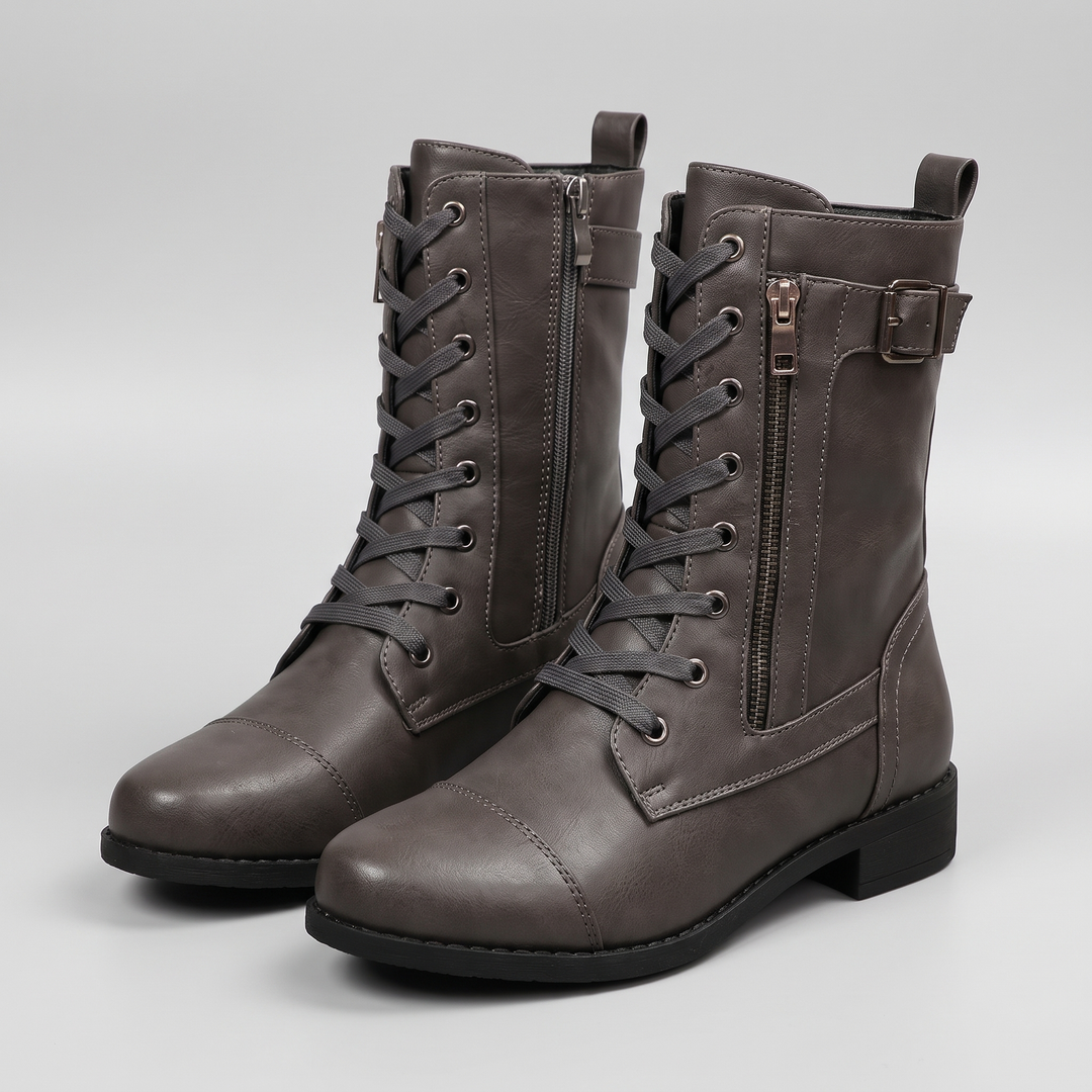 Brielle | Leather Lace-Up Buckle-Strap Side-Zip Boots - Image 2