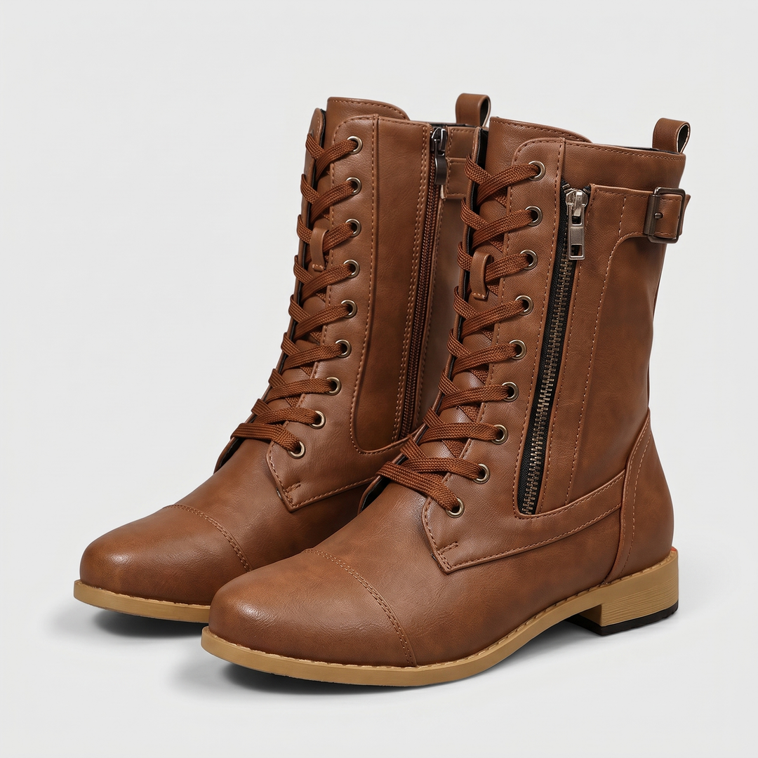 Brielle | Leather Lace-Up Buckle-Strap Side-Zip Boots - Image 3