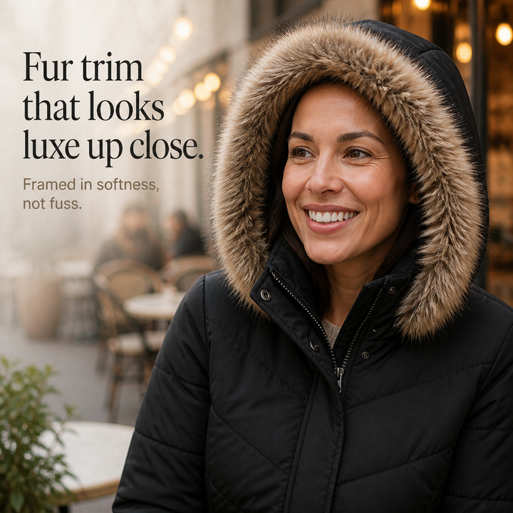 Chevronwarm | Longline Puffer Coat with Faux Fur Hood