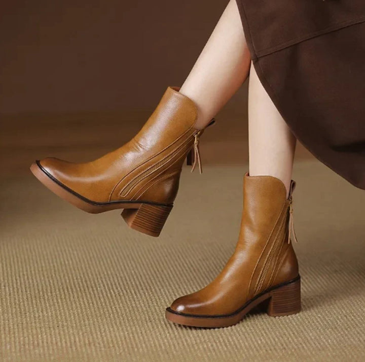 Velmira | Women's Chic Block-Heel Side-Zip Leather Ankle Boots