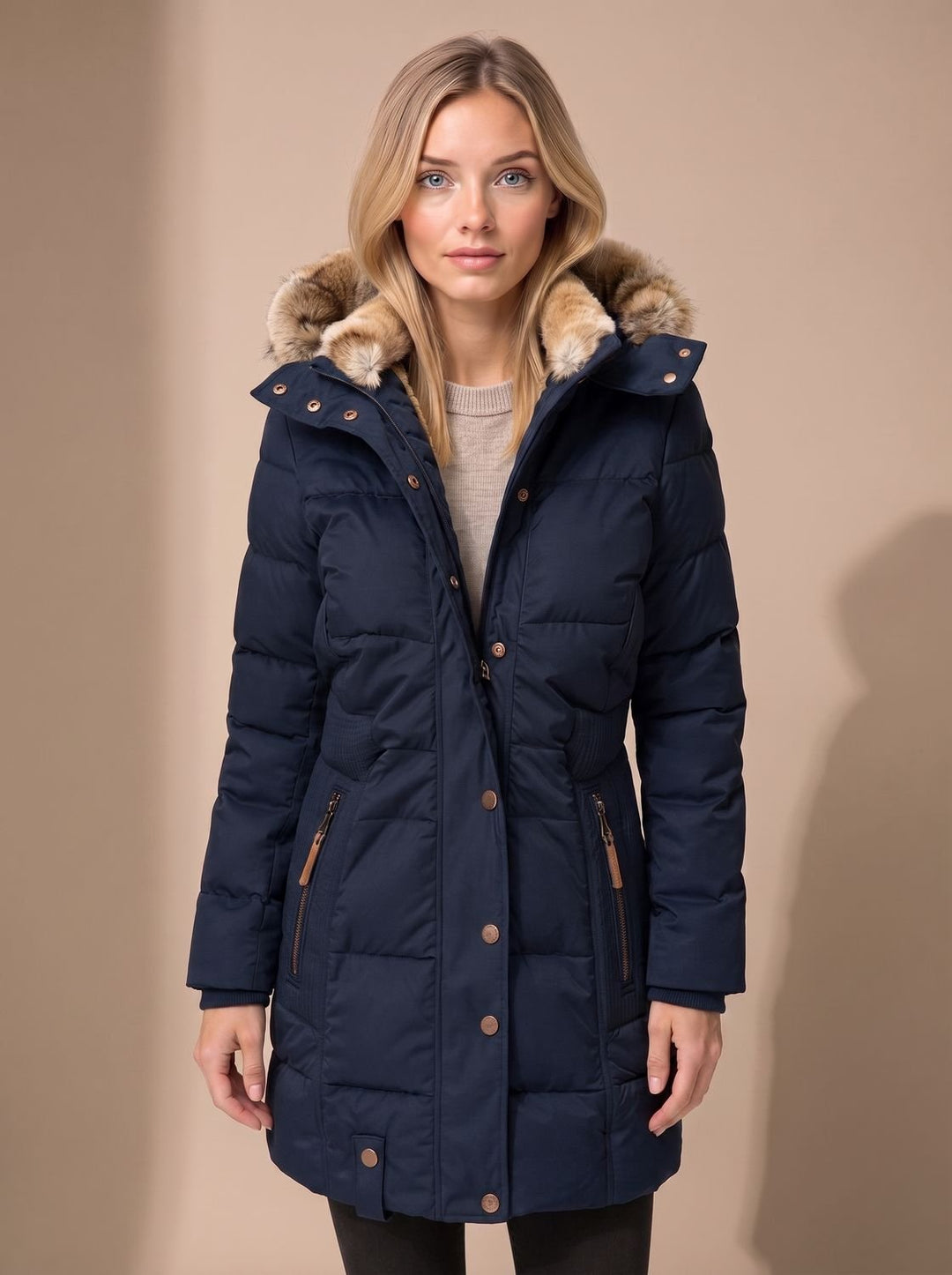 Calia | Longline Quilted Puffer Coat with Faux Fur Hood