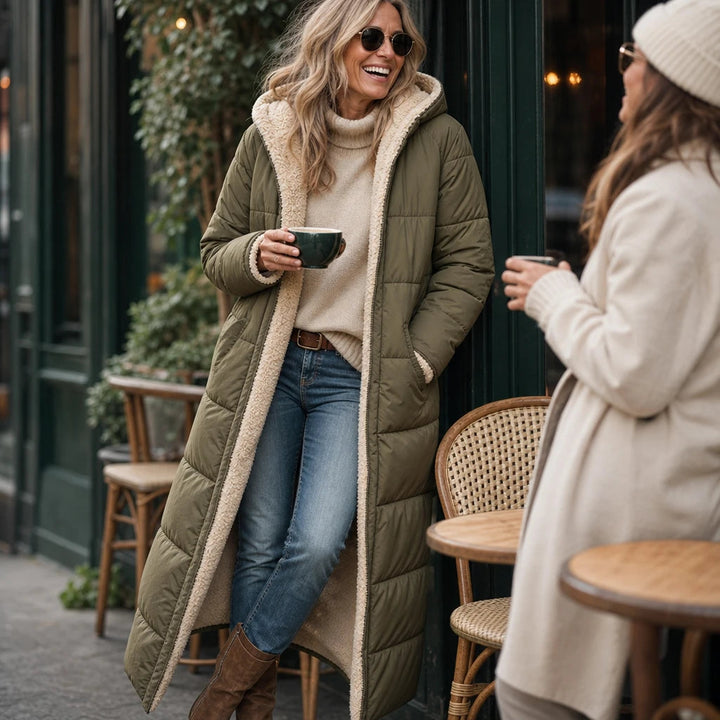 Revera | Reversible Hooded Longline Puffer Coat – Elegant Style for Women