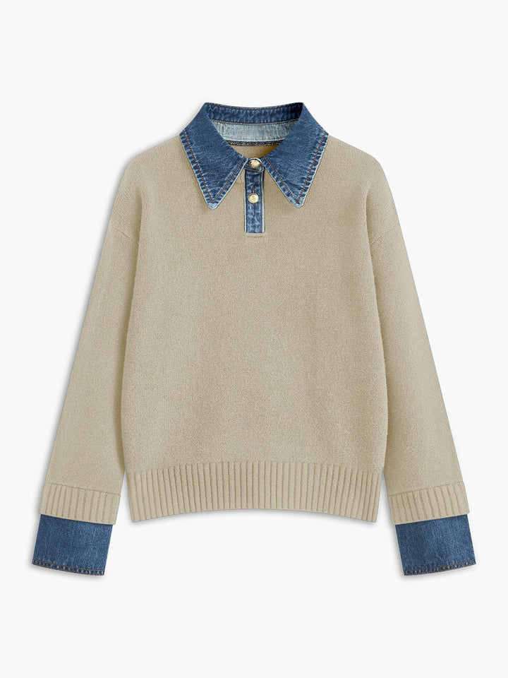Camille | Maglione polo in maglia con colletto in denim