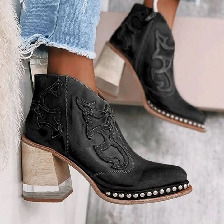 Noelle | Embossed Studded Block-Heel Western Ankle Boots - Image 2
