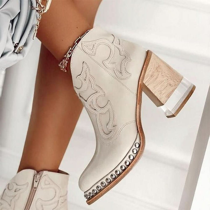 Noelle | Embossed Studded Block-Heel Western Ankle Boots - Image 5