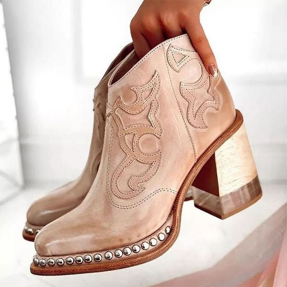 Noelle | Embossed Studded Block-Heel Western Ankle Boots