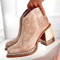 Noelle | Embossed Studded Block-Heel Western Ankle Boots