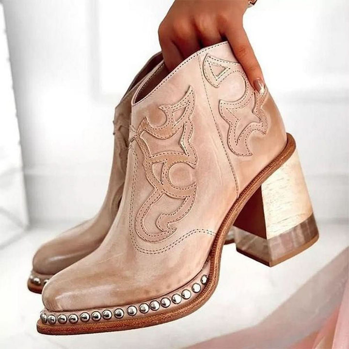 Noelle | Embossed Studded Block-Heel Western Ankle Boots
