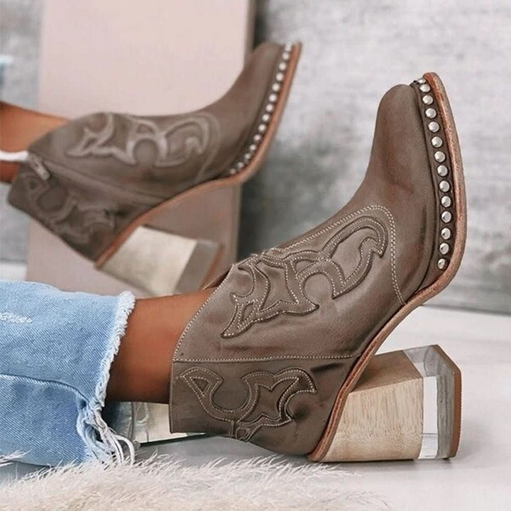Noelle | Embossed Studded Block-Heel Western Ankle Boots - Image 3