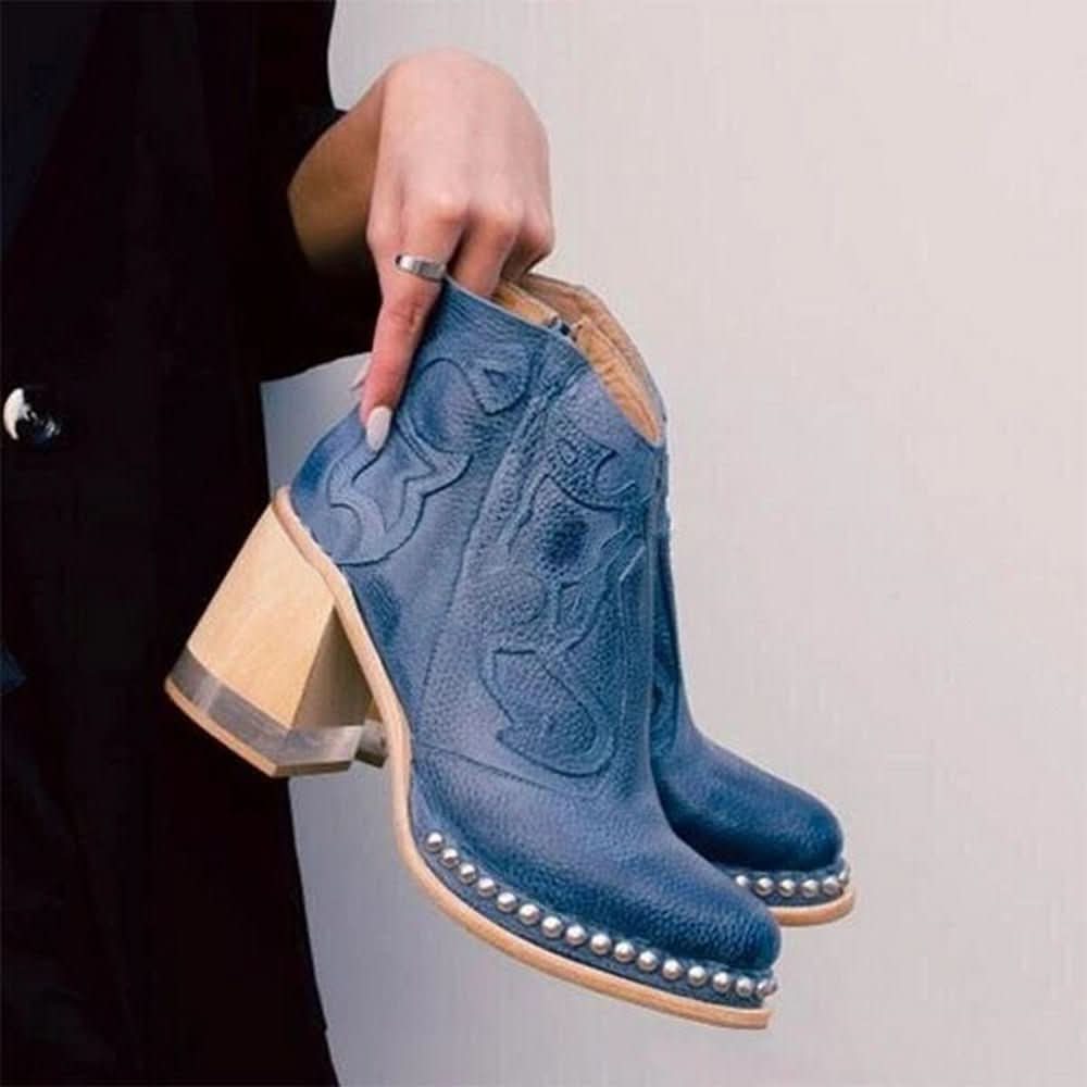 Noelle | Embossed Studded Block-Heel Western Ankle Boots - Image 4