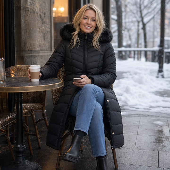 Chevronwarm | Longline Puffer Coat with Faux Fur Hood