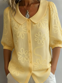 Corinne | Cotton-Blend Floral Embroidered Button Blouse