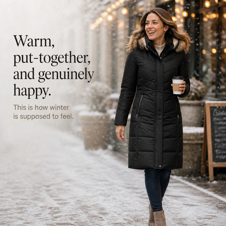 Chevronwarm | Longline Puffer Coat with Faux Fur Hood