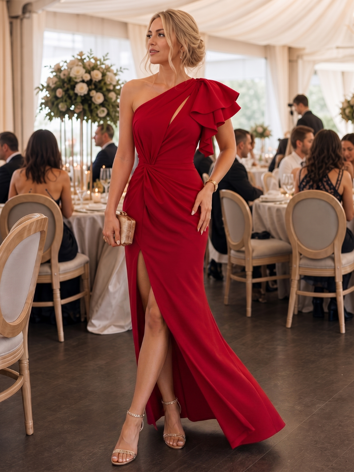 Aurette | Midi Dress – Draped Bodice One Shoulder Style