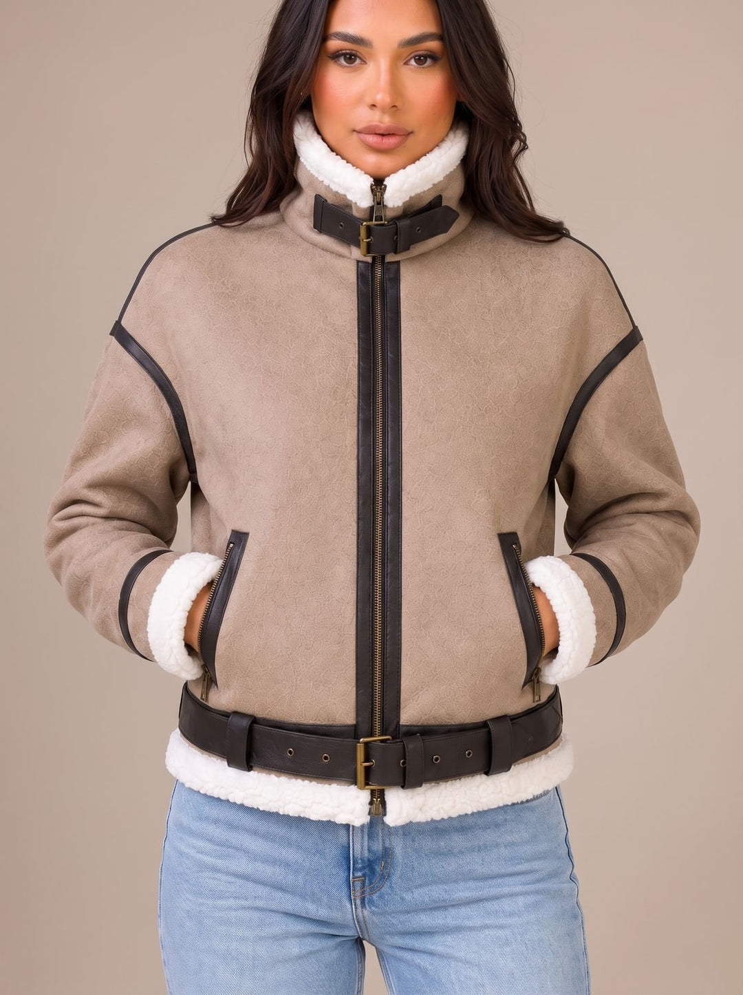 Marlene | Aviator Jacket with Faux Fur Trim and Belt