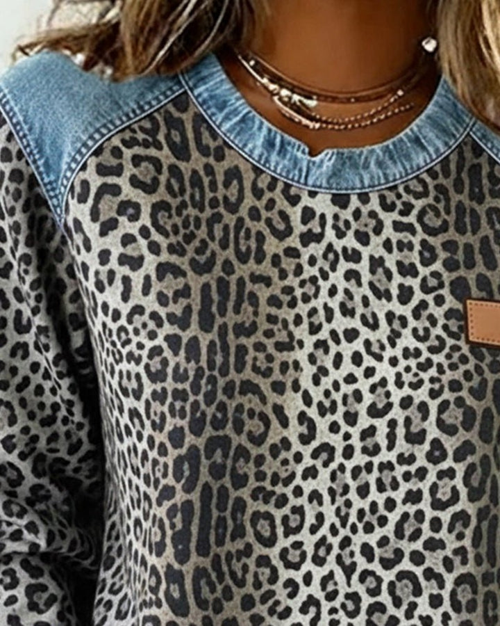 Liora | Leopard Print Denim Patchwork Pullover