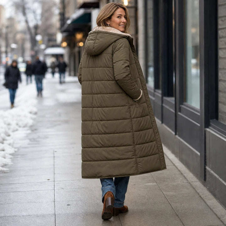 Revera | Reversible Hooded Longline Puffer Coat – Elegant Style for Women